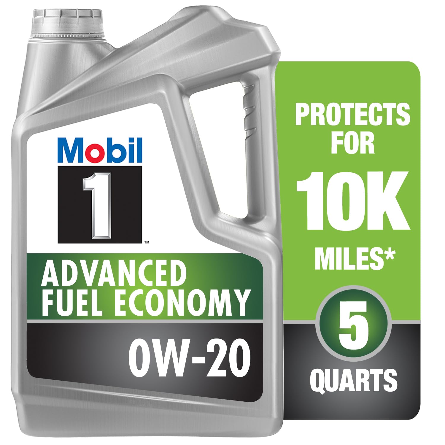 Mobil 1 bote frontal mostrando presentación de 5 quart y ventaja ahorro