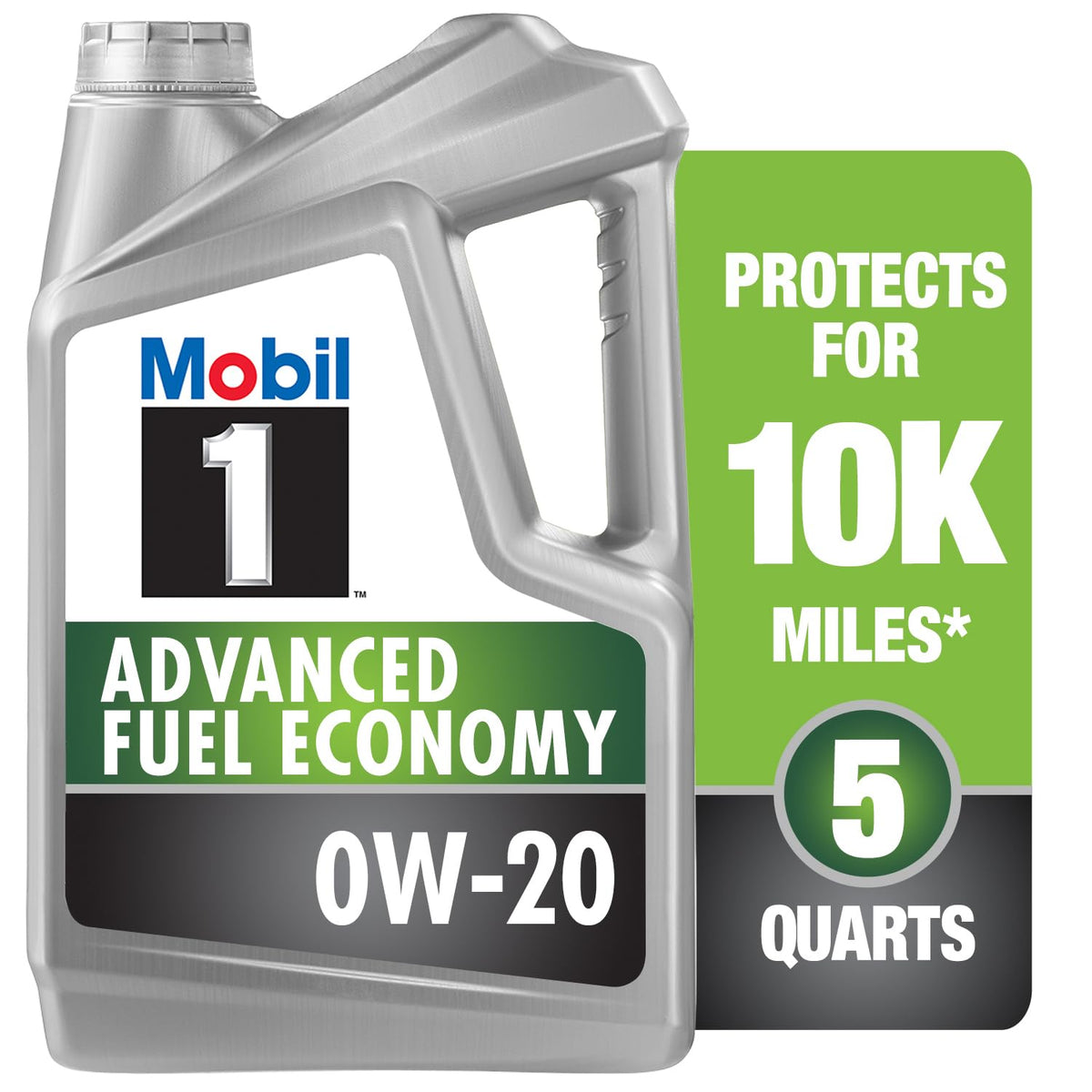 Mobil 1 bote frontal mostrando presentación de 5 quart y ventaja ahorro