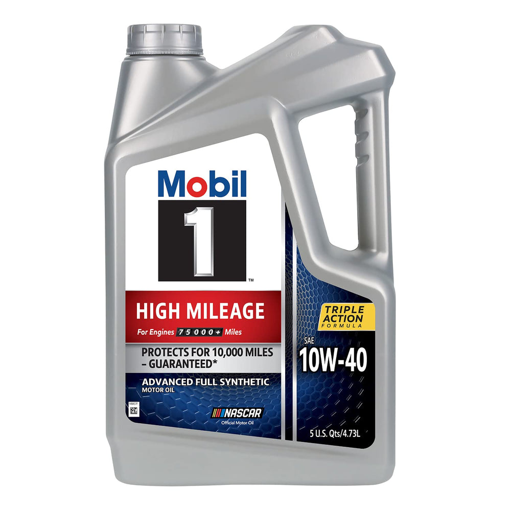 Mobil 1 etiqueta en primer plano destacando especificación 10W-40 y beneficios