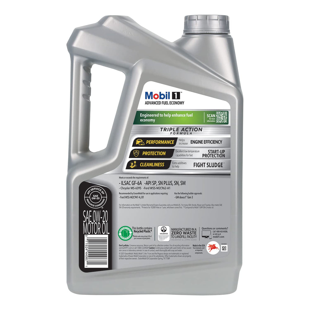 Mobil 1 etiqueta en primer plano destacando especificación 0W-20 y beneficios