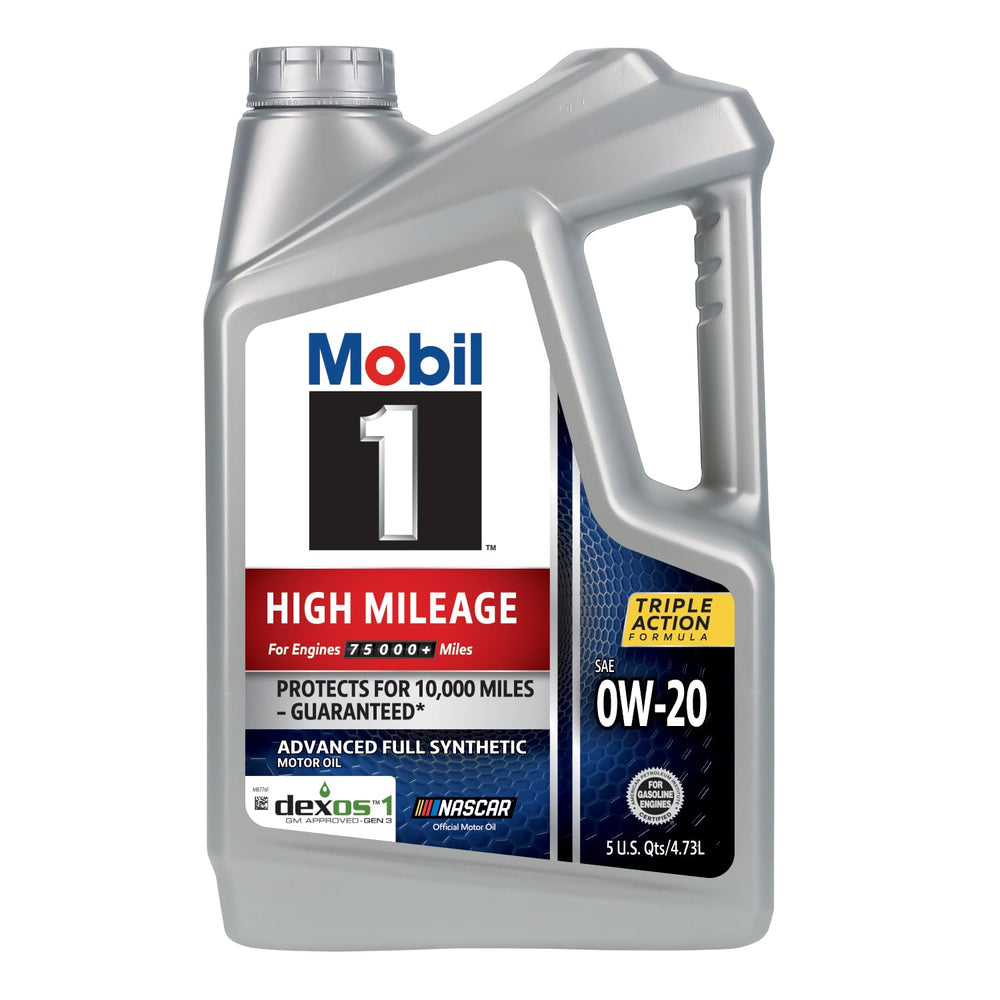 Detalle de la etiqueta Mobil 1 High Mileage 0W-20 resaltando certificaciones y beneficios