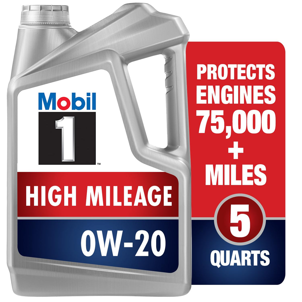 Mobil 1 frontal de la garrafa mostrando la marca y volumen, protege motores con alto kilometraje