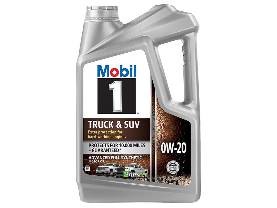 Mobil 1 envase frontal 5 quart mostrando etiqueta y protección del motor