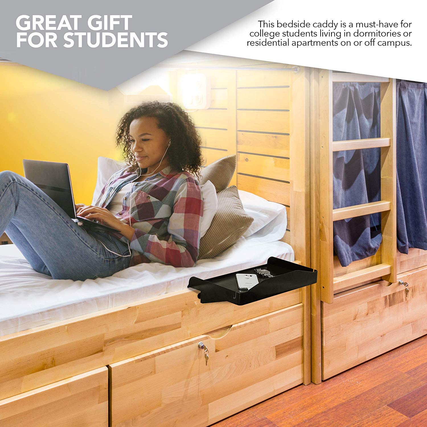 Modern Innovations bandeja en uso por estudiante con laptop y libros, crea espacio útil