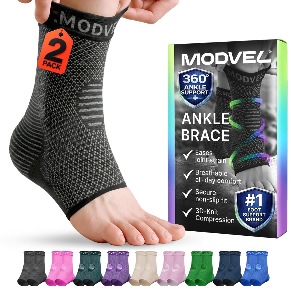Modvel empaque frontal mostrando las tobilleras y beneficios visibles