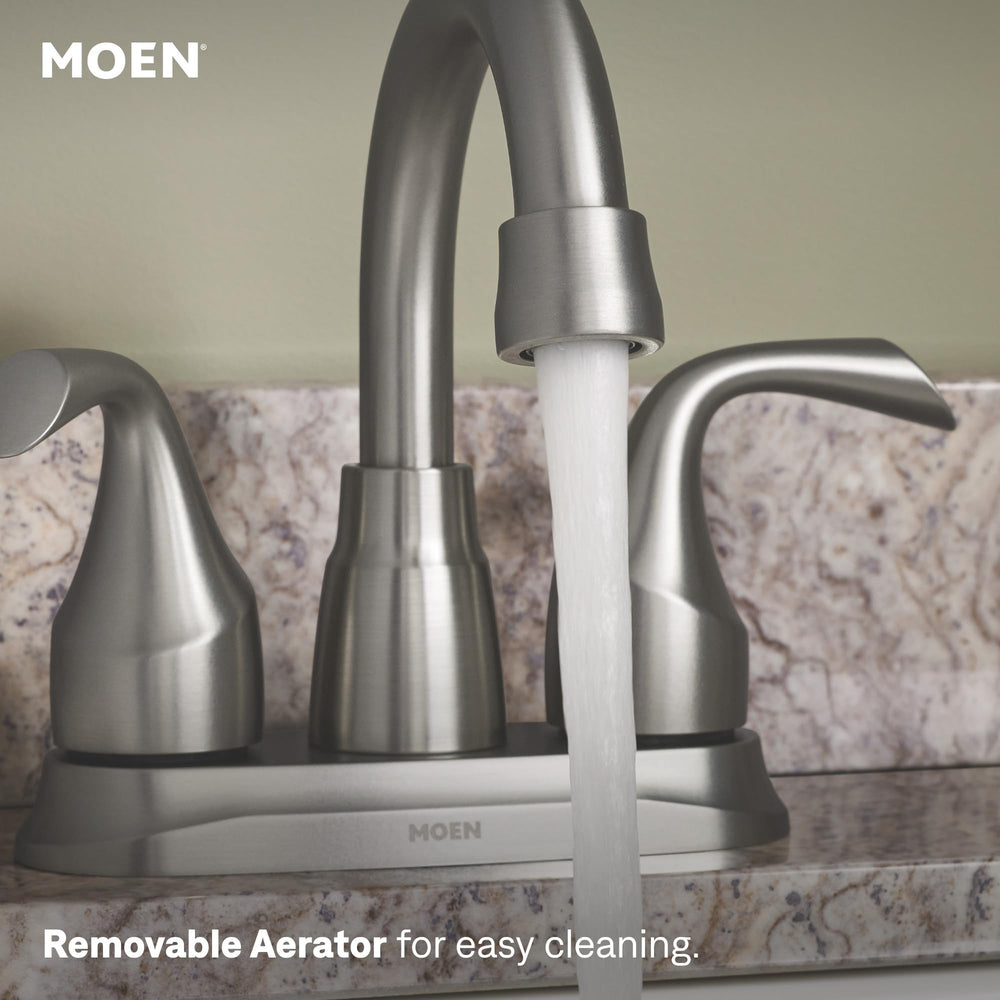 Moen Idora drain assembly pieces displayed with faucet for complete replacement convenience