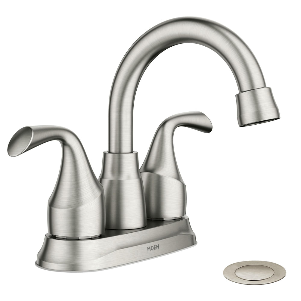 Moen Idora front view showing brushed nickel finish and two-handle benefit: elegant control
