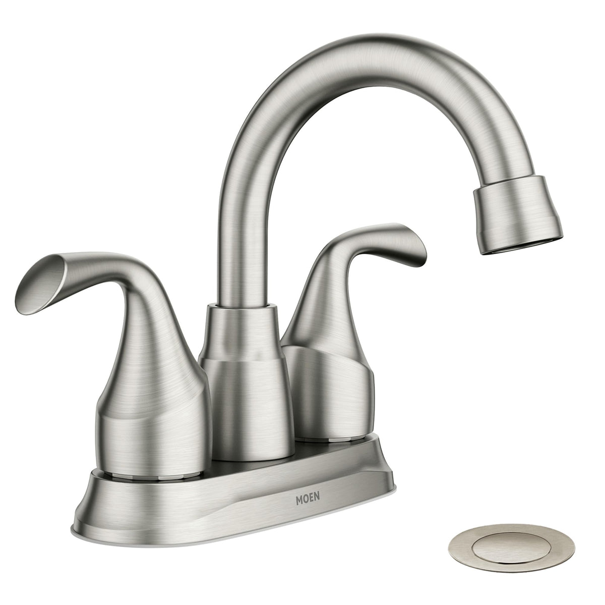 Moen Idora front view showing brushed nickel finish and two-handle benefit: elegant control