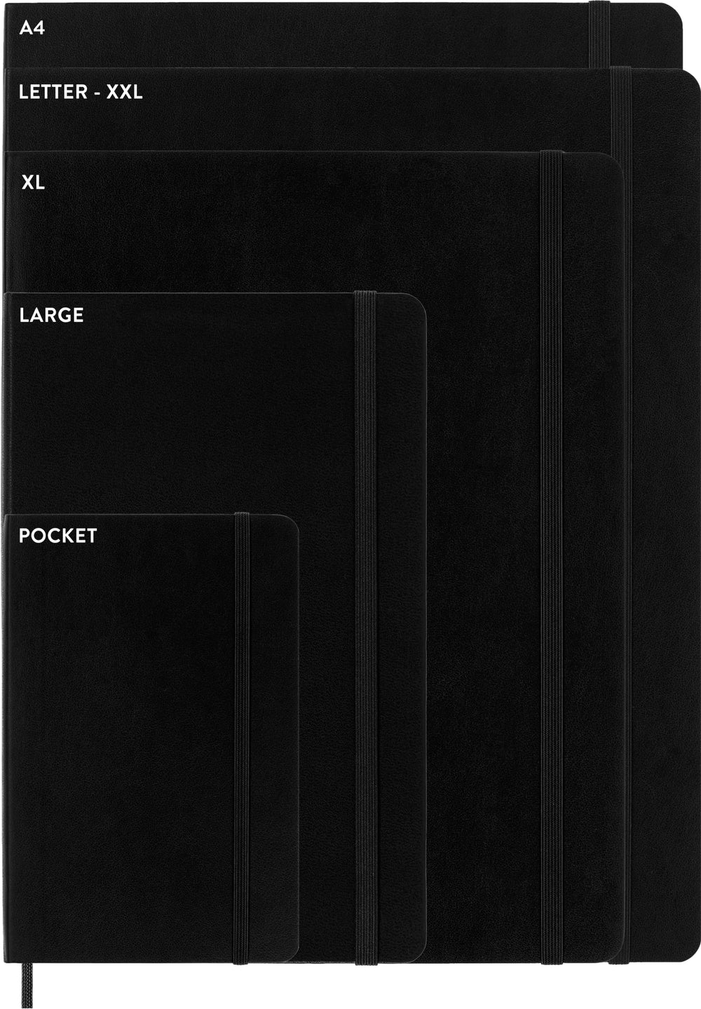 Comparación de tamaño Moleskine Large con mano para escala, formato práctico y portátil
