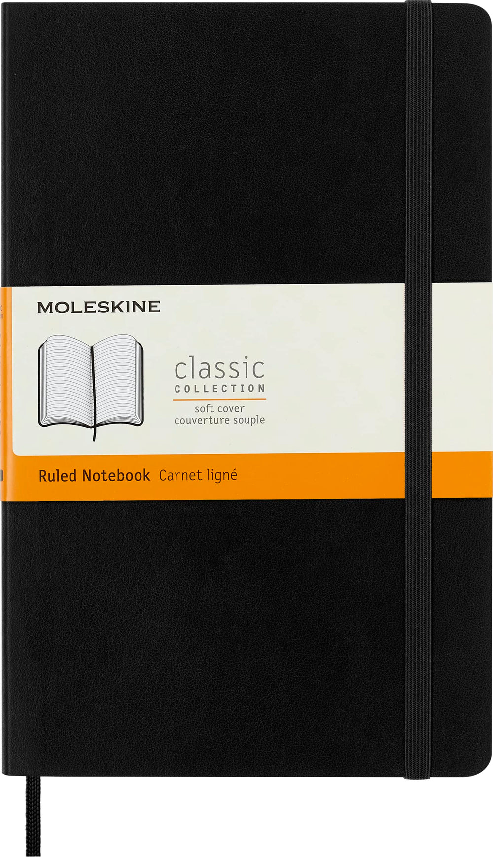Moleskine tapa blanda frente mostrando cubierta negra y cierre elástico, portátil y elegante