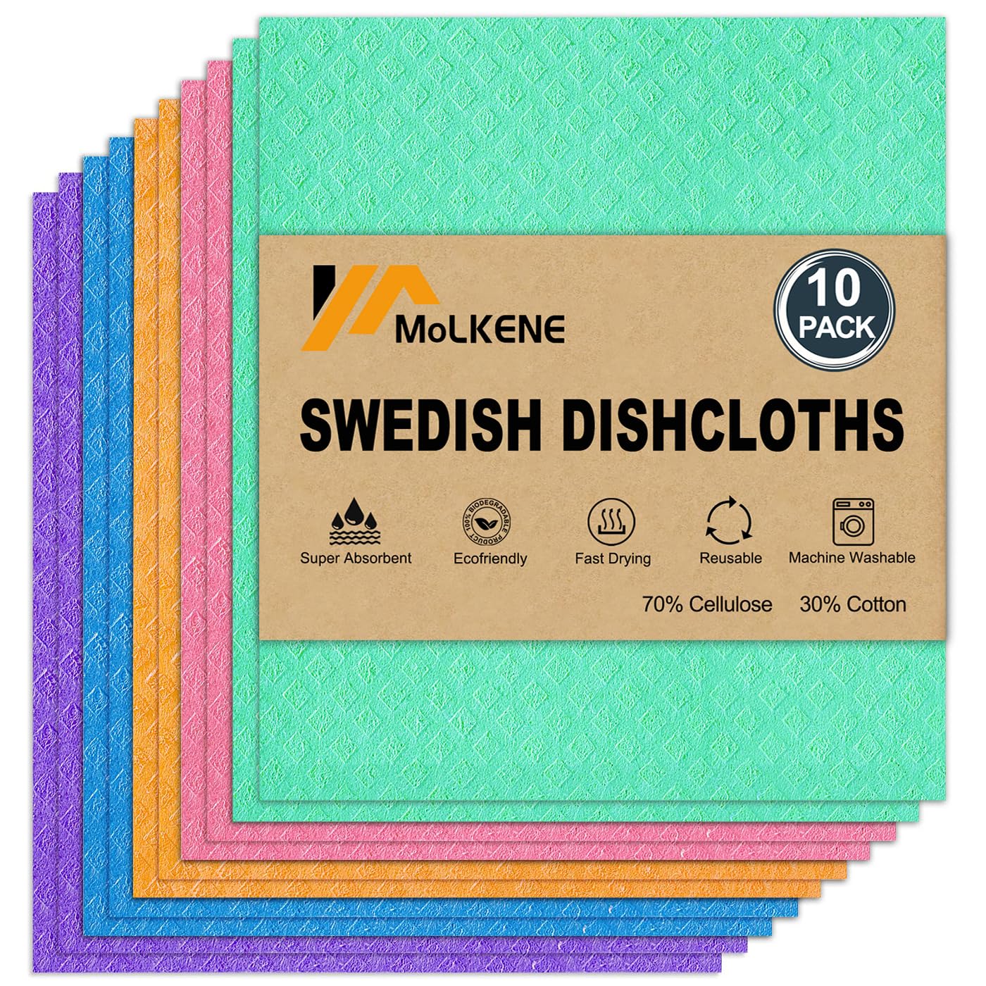 MoLKENE bayeta frontal del paquete mostrando las diez unidades y colores surtidos, ideal para organización