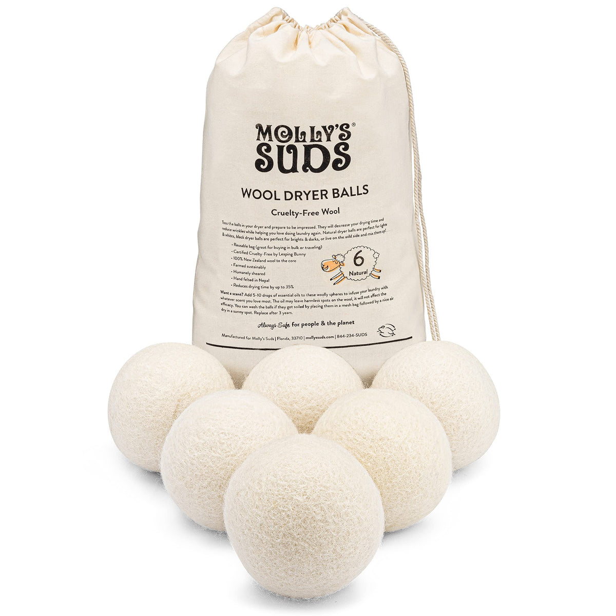 Molly's Suds vista frontal del pack de seis bolas de lana blanco, ahorro energético