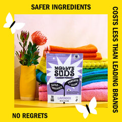 Molly's Suds cuchara medidora en uso indicando dosis precisa y ahorro por carga