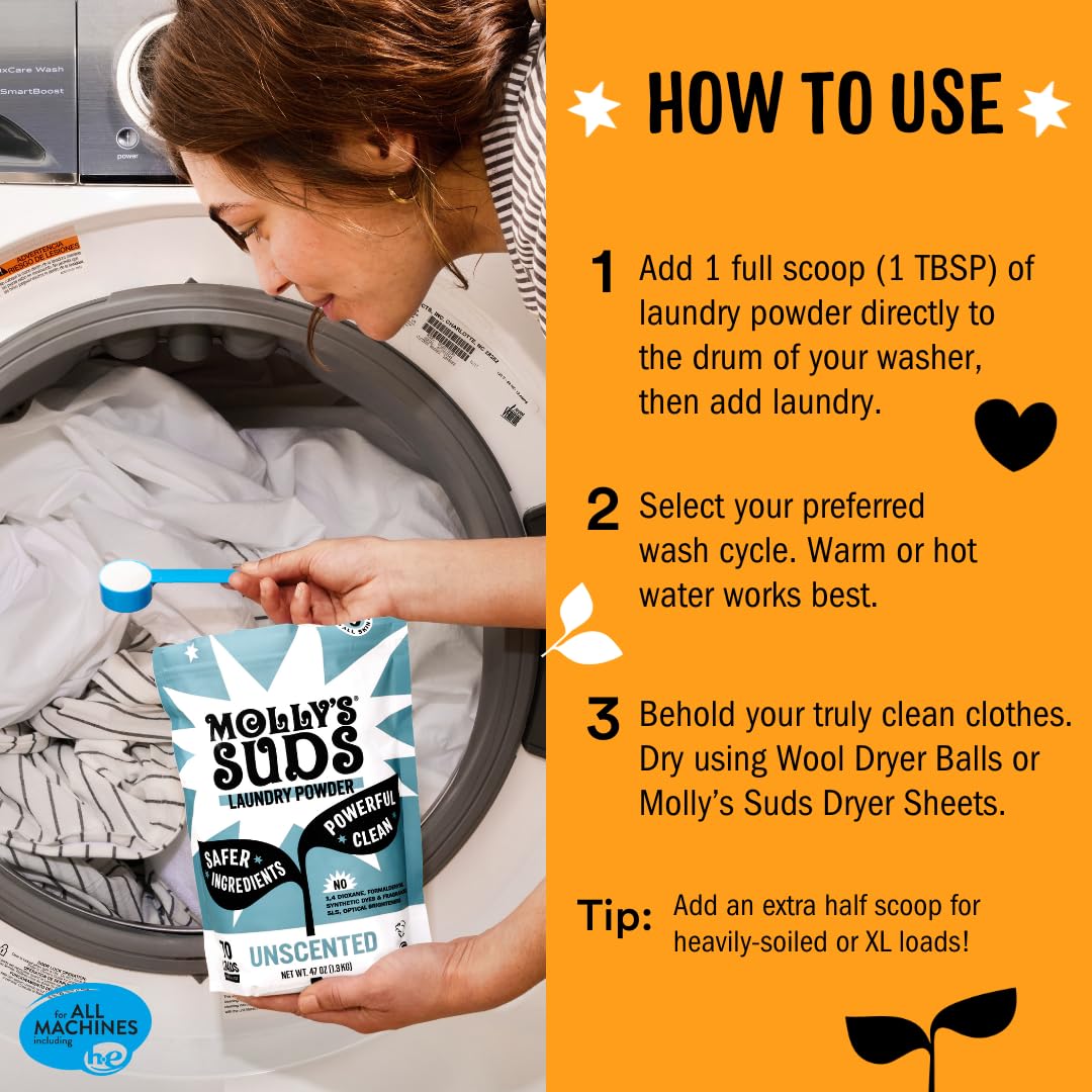 Molly's Suds etiqueta con ingredientes claros y beneficios