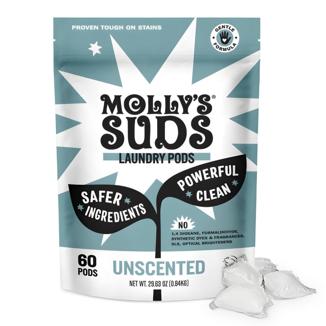 Molly's Suds envase frontal mostrando paquete de 60 cápsulas, limpieza práctica