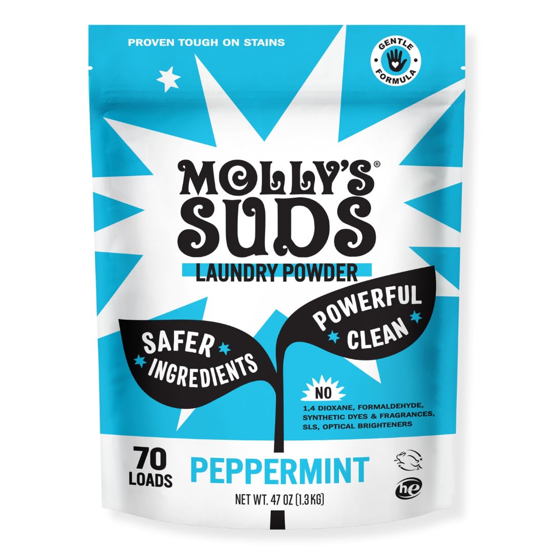 Molly's Suds frente del empaque mostrando bolsa y beneficio de limpieza segura