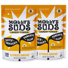 Molly's Suds paquete frontal mostrando limpieza eficaz