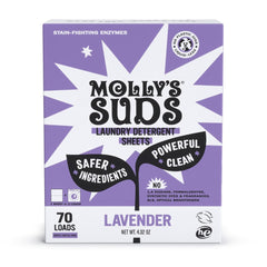 Molly's Suds paquete frontal lavanda mostrando diseño y beneficio eco