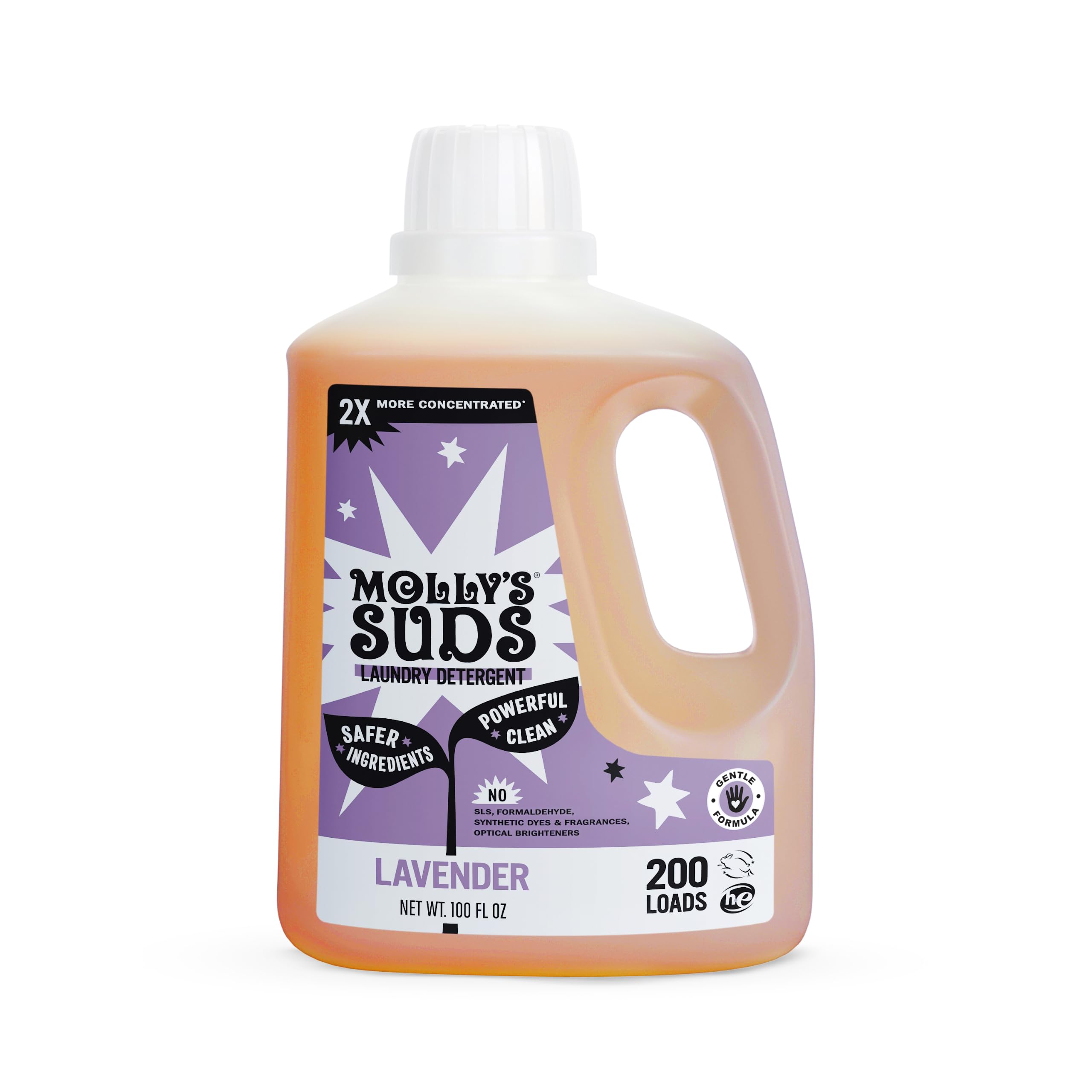 Molly's Suds botella frontal 100 oz mostrando tamaño y acabado, limpieza concentrada