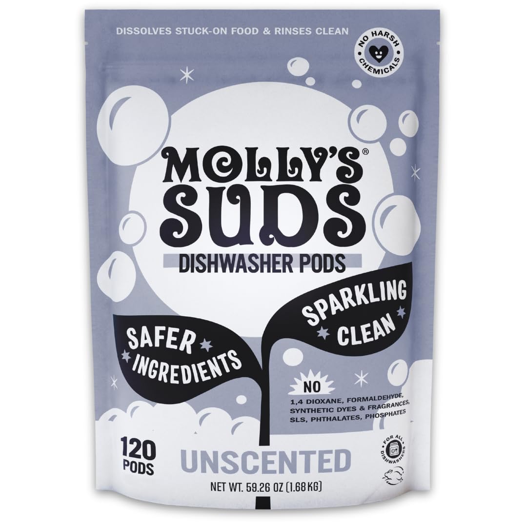 Molly's Suds paquete frontal mostrando cantidad y beneficio limpieza sin residuos