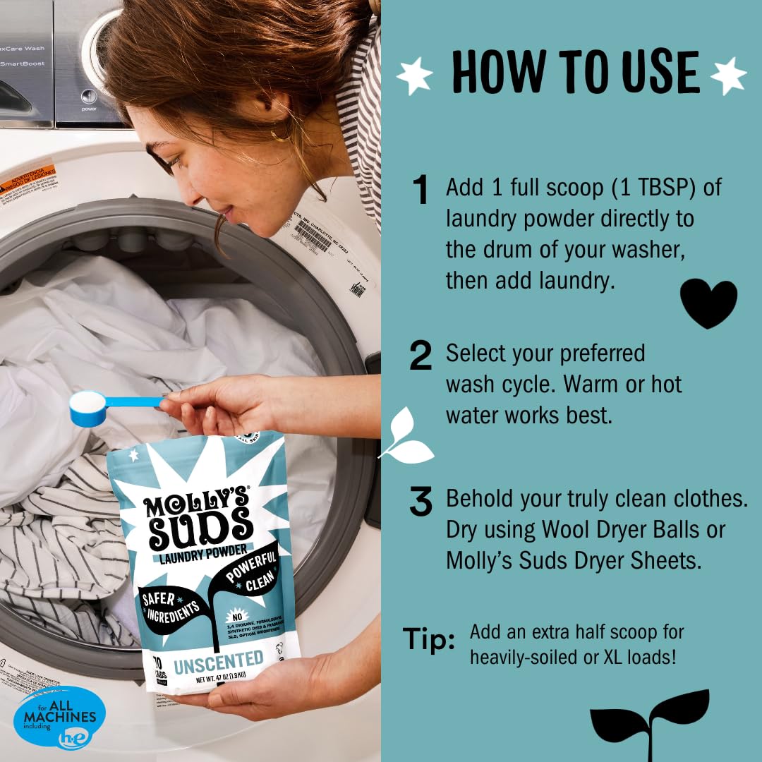 Molly's Suds bag beside laundry basket in bright home setting for natural cleaning