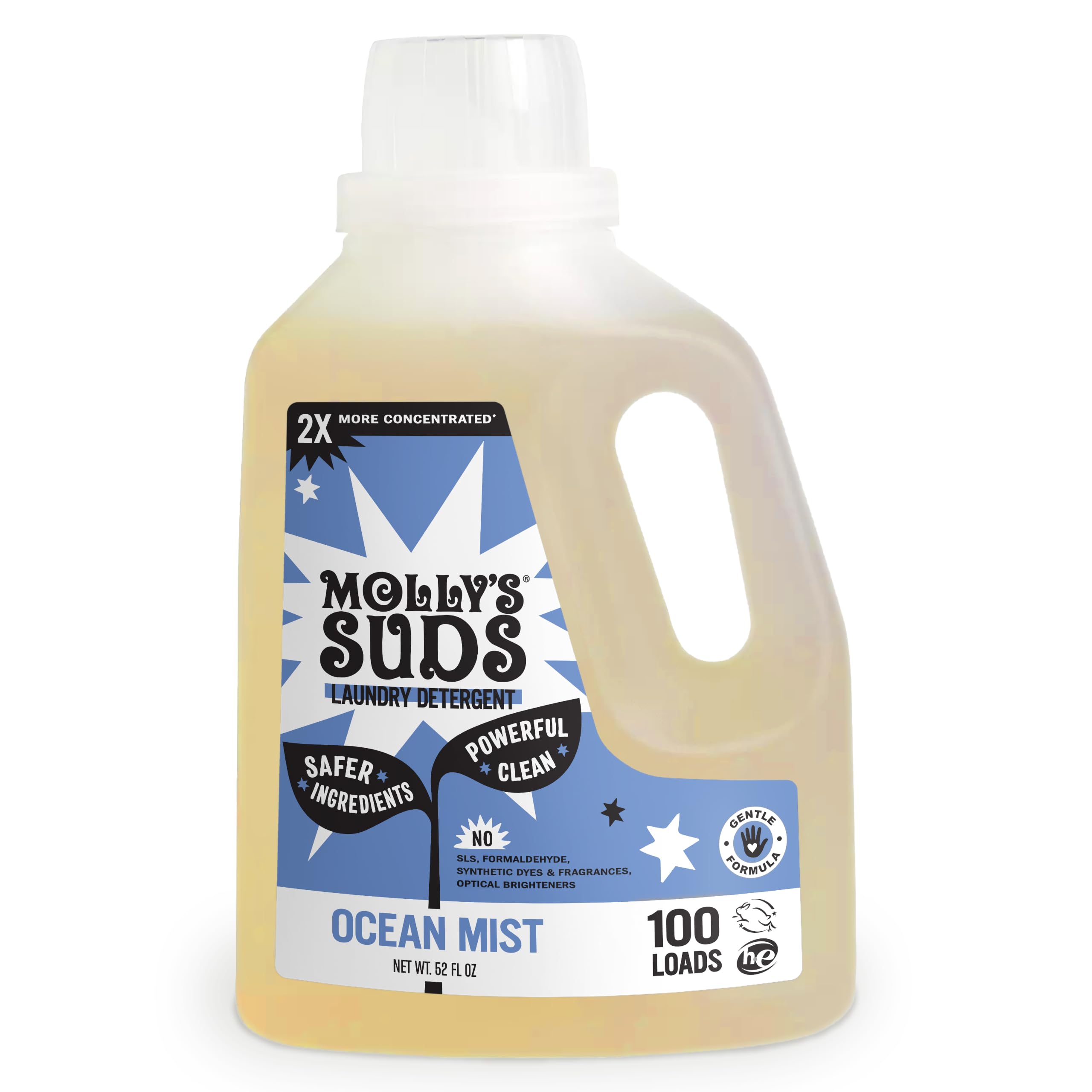 Molly's Suds front packaging showing Ocean Mist bottle and clear branding benefit: clear ingredient focus