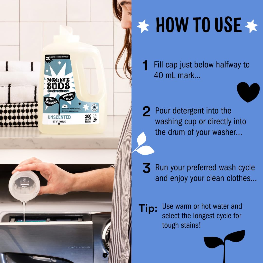 Molly's Suds being poured into a washer during use showing HE compatibility and stain-fighting benefit
