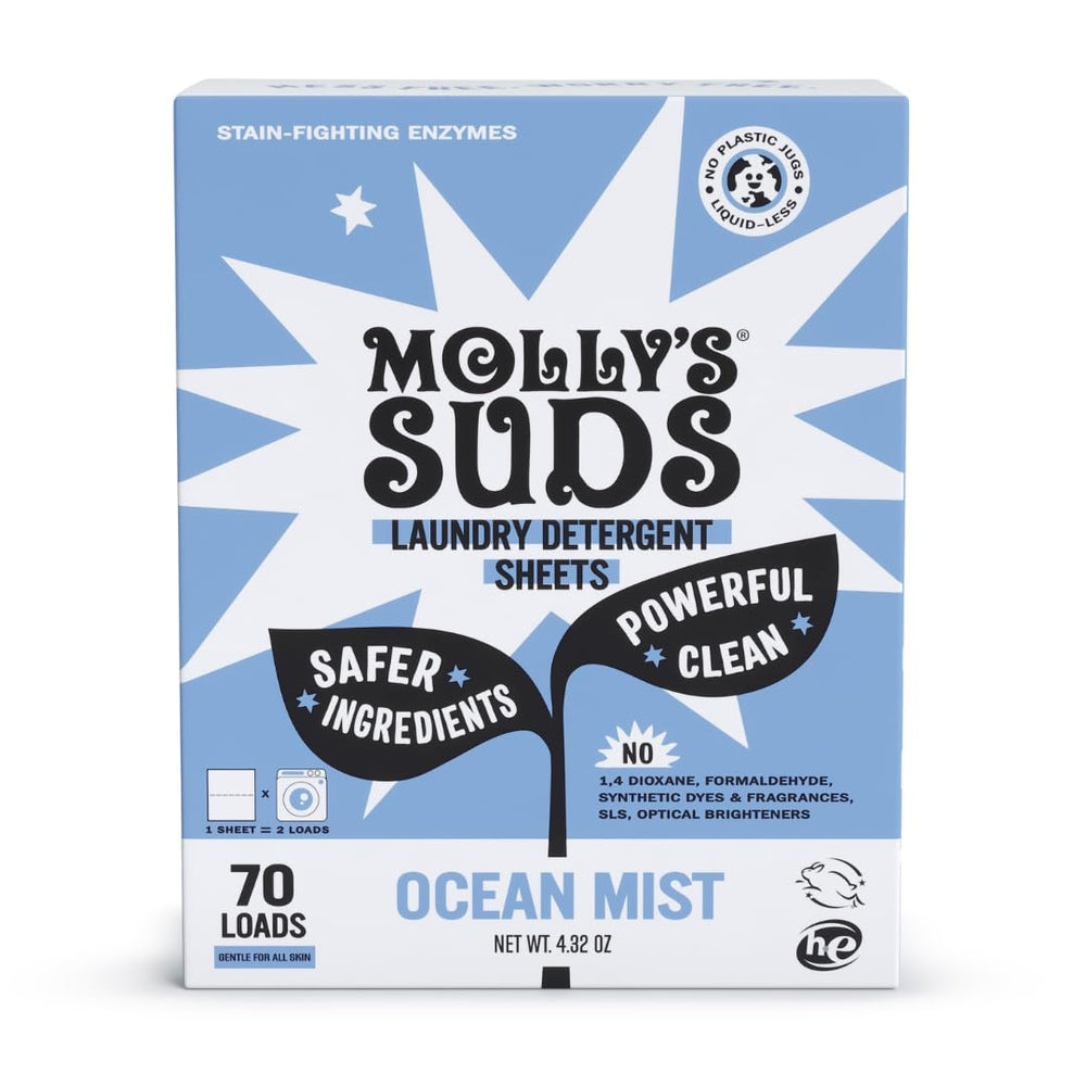 Molly's Suds empaque frontal Ocean Mist mostrando diseño y beneficio ecológico