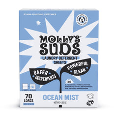 Molly's Suds empaque frontal Ocean Mist mostrando diseño y beneficio ecológico