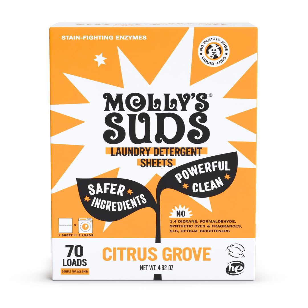 Molly's Suds paquete frontal Citrus Grove mostrando envase sin plástico y conveniencia