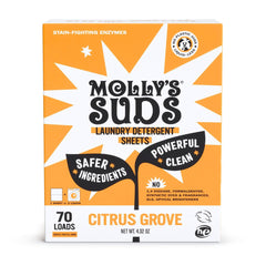 Molly's Suds paquete frontal Citrus Grove mostrando envase sin plástico y conveniencia