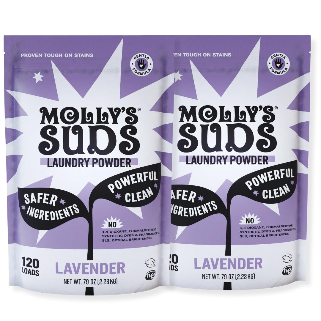 Molly's Suds paquete frontal Lavanda mostrando envase y beneficio limpieza confiable