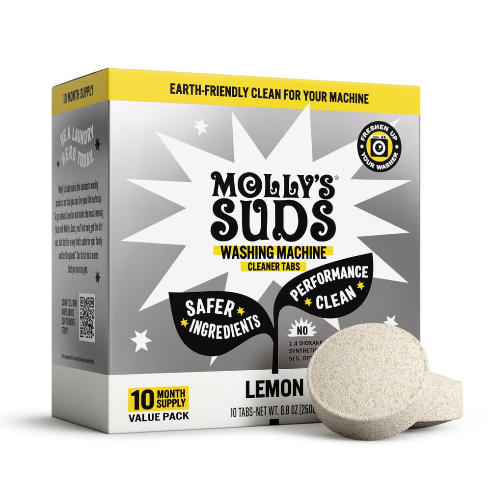 Molly's Suds paquete frontal mostrando 10 pastillas y beneficios ecológicos