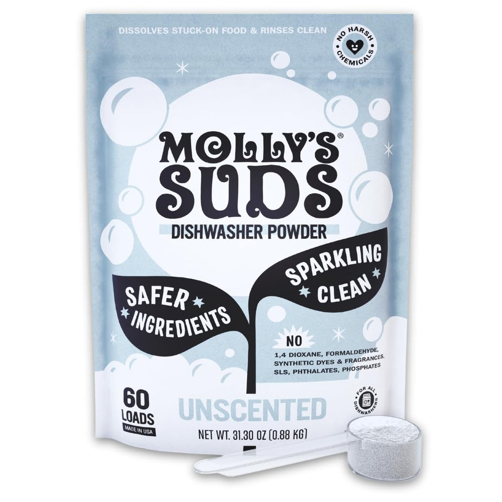 Molly's Suds empaque frontal mostrando limpieza sin fragancia
