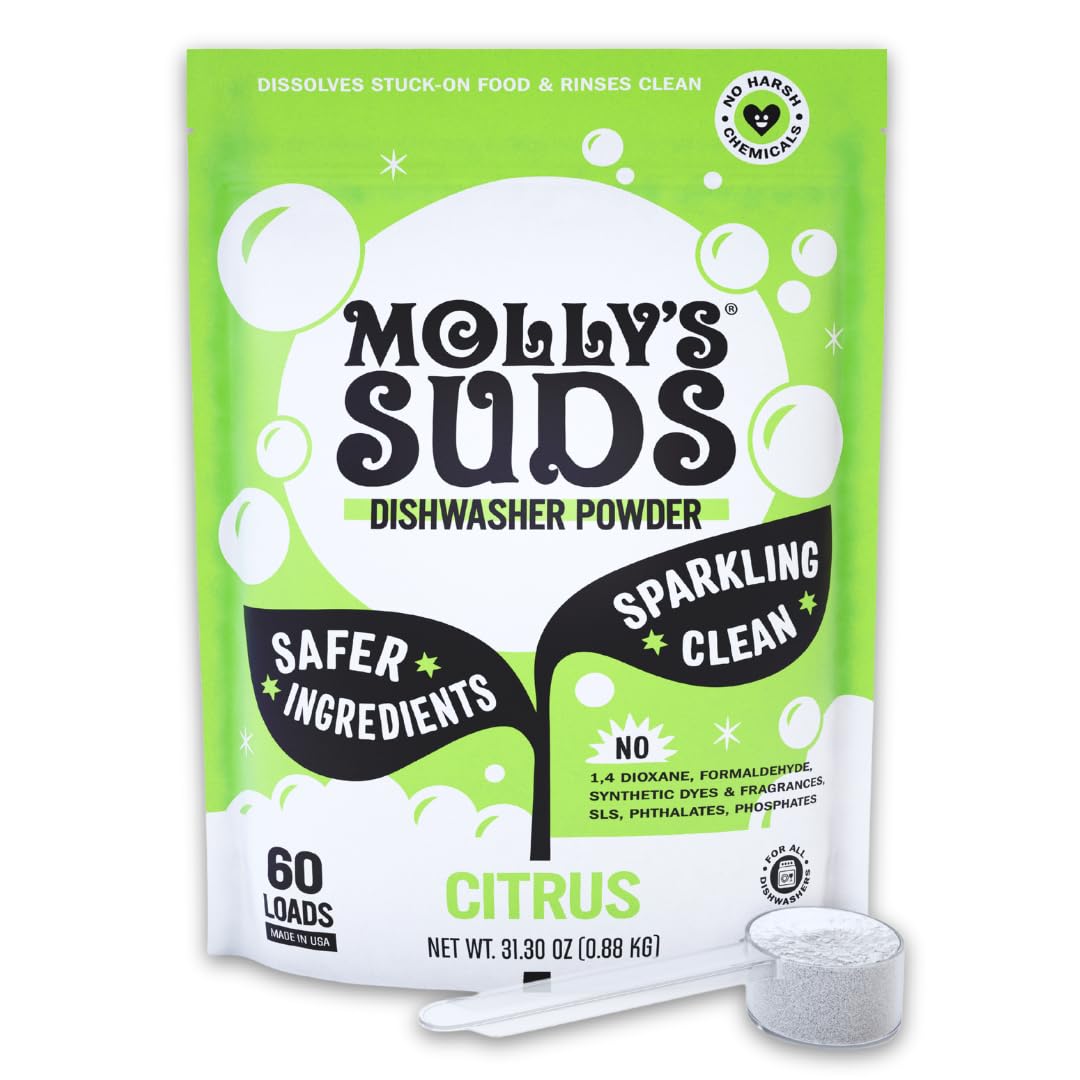 Molly's Suds empaque frontal mostrando 60 lavados y aroma cítrico