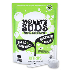 Molly's Suds empaque frontal mostrando 60 lavados y aroma cítrico