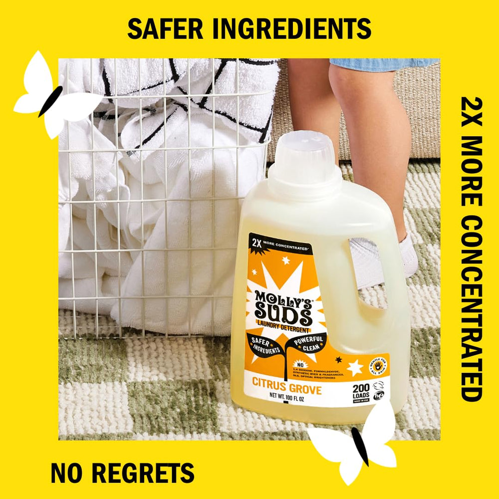 Molly's Suds being poured into washer showing effective application and stain-fighting benefit