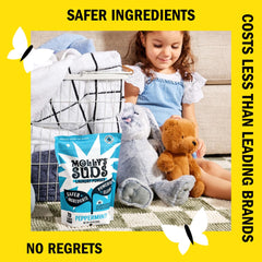 Molly's Suds textura del polvo en primer plano, evidencia de ingredientes simples