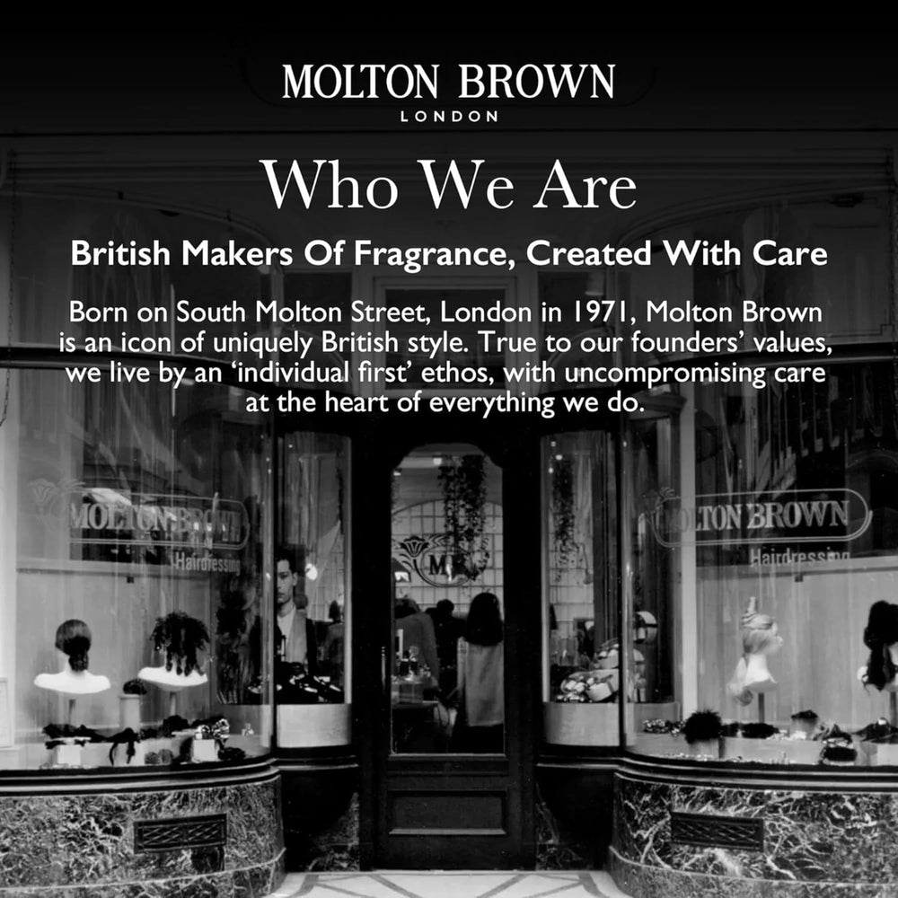 Molton Brown detalle de botellas alineadas, destaca etiquetas y colores