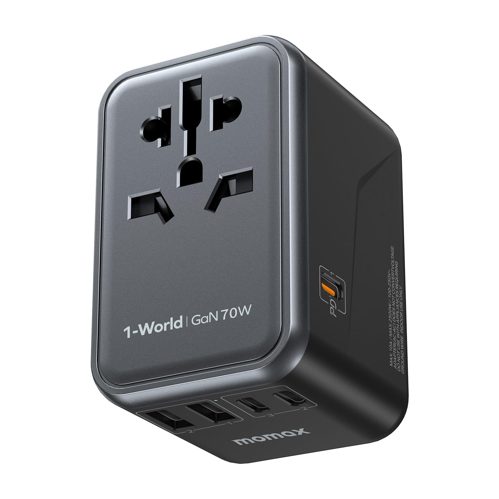 MOMAX adaptador 70W frontal mostrando puertos múltiples y carga eficiente