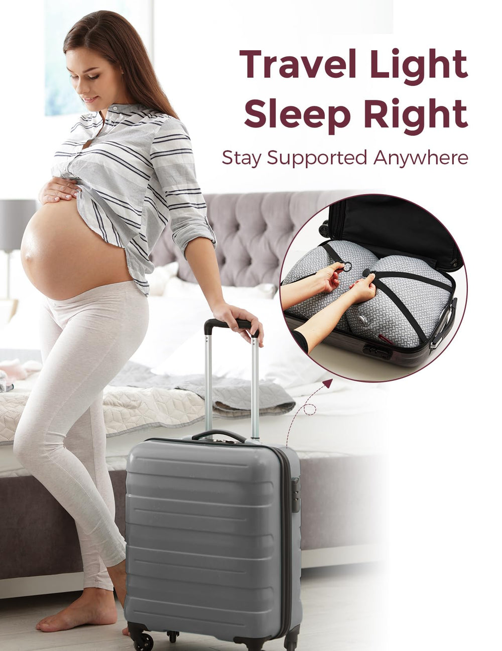 Momcozy almohada en uso apoyando barriga y alineando columna