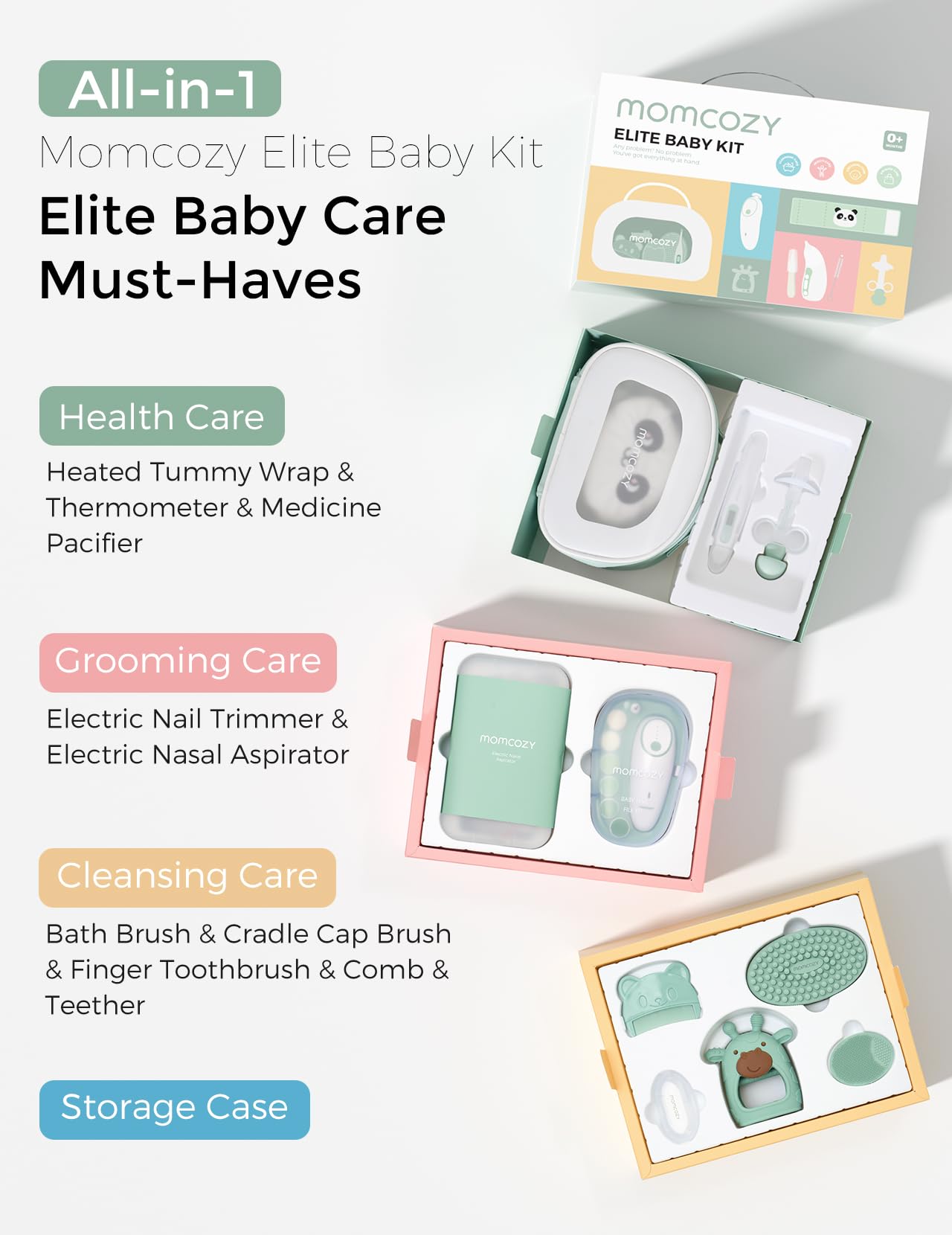 Momcozy aspirador nasal en uso con luz calmante, limpieza nasal eficaz