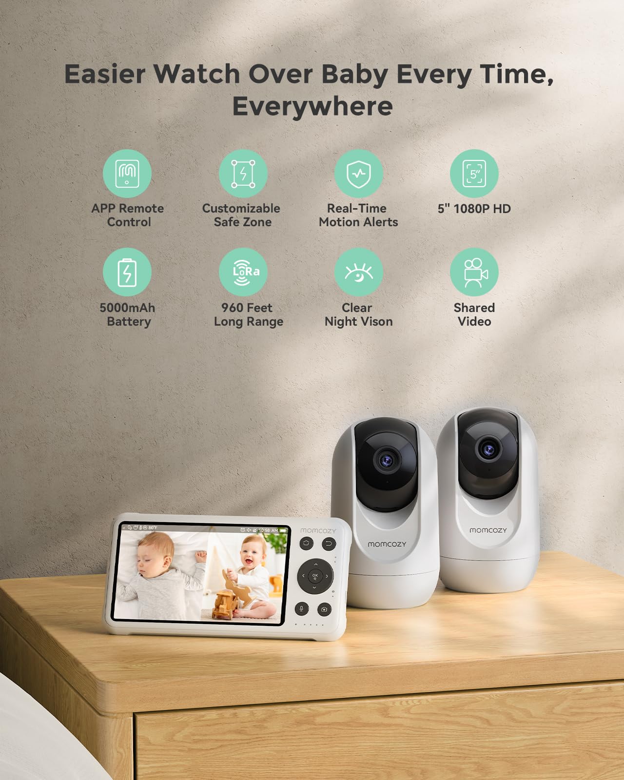 Momcozy cámara primer plano mostrando lente y calidad de construcción
