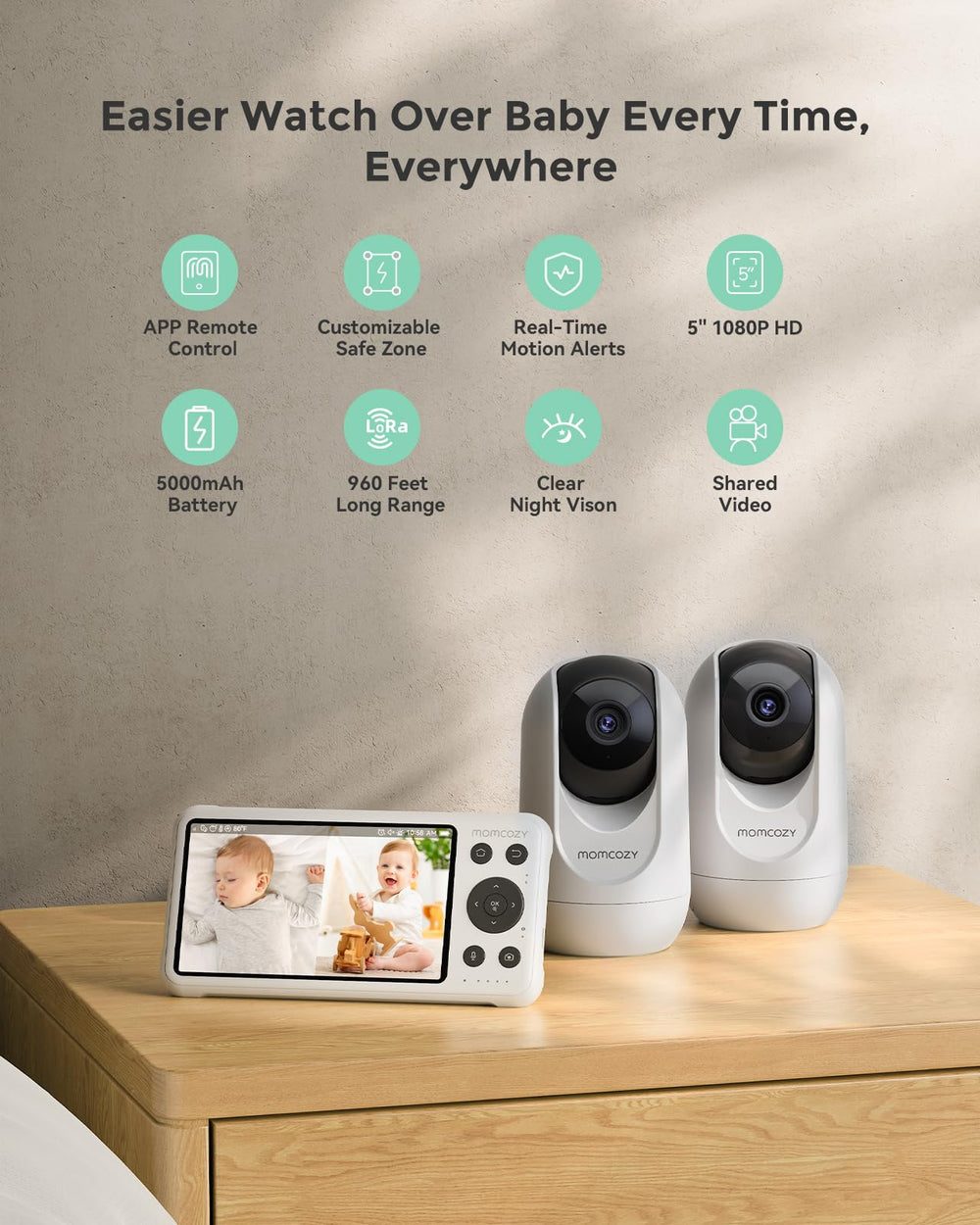 Momcozy cámara primer plano mostrando lente y calidad de construcción