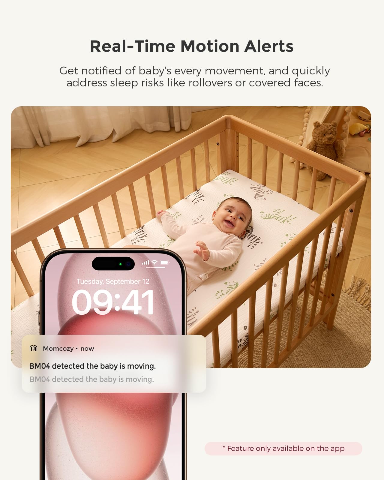 Momcozy imagen nocturna con visión infrarroja y detalle del bebé