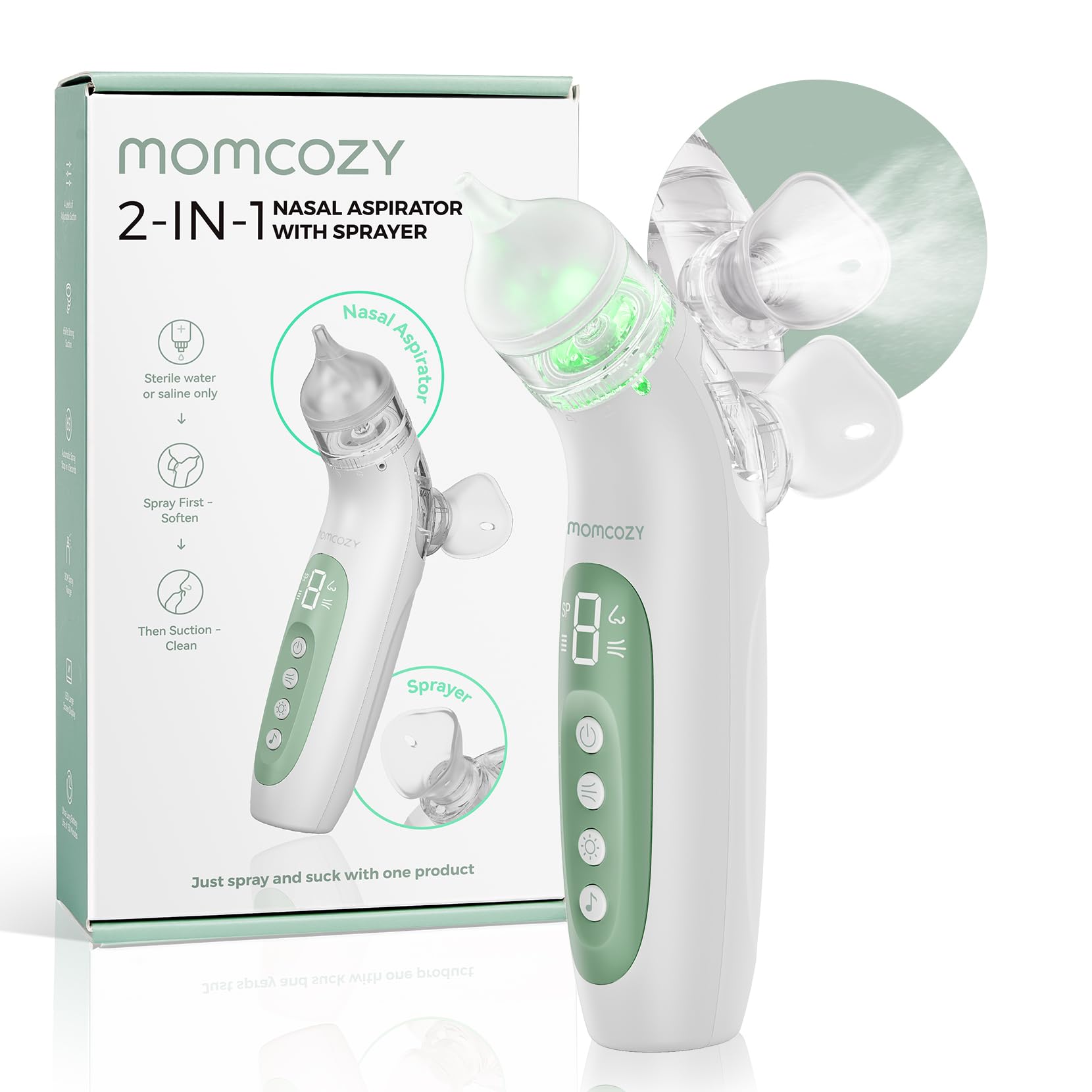 Momcozy aspirador frontal mostrando diseño compacto y beneficio: fácil manejo