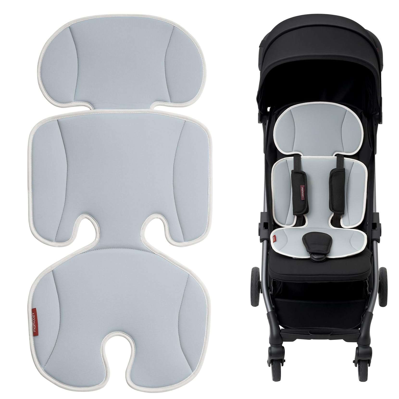 Momcozy vista frontal del colchón refrigerante empaquetado mostrando ajuste universal