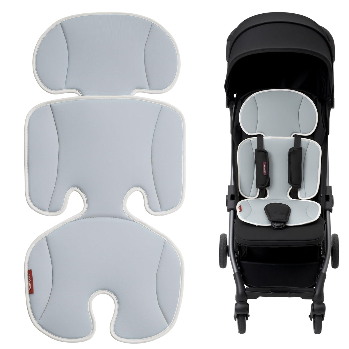 Momcozy vista frontal del colchón refrigerante empaquetado mostrando ajuste universal