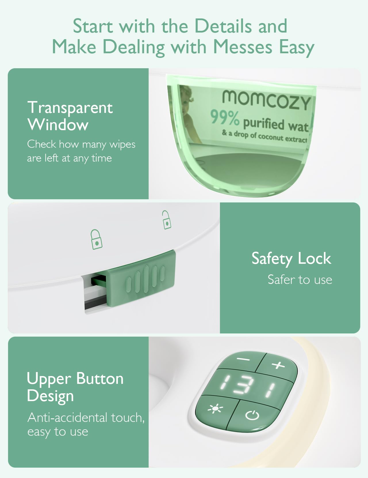 Momcozy comparación de tamaño junto a una mano para referencia de escala