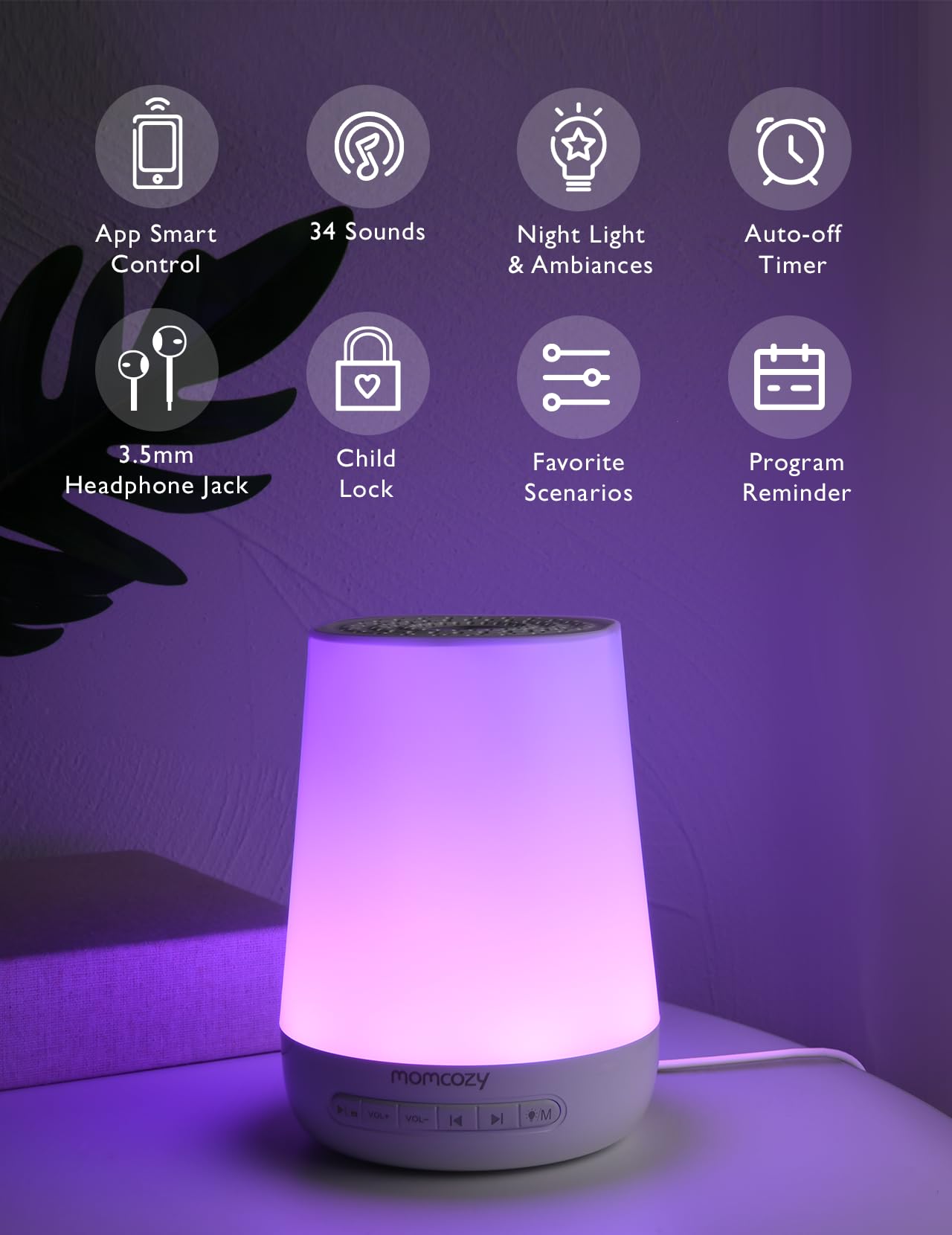 Momcozy panel táctil mostrado para ajustar sonidos y luz con precisión